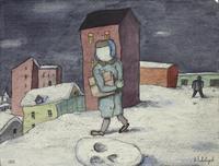 Poet in a Snowed-in City (poet, snow and buildings)