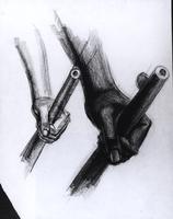 Study for "The Incident", Two hands with "rifles", darker image