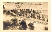 Monster locomotives demolished in cut, March 21, 1910, train wreck, Green Mountain, Iowa