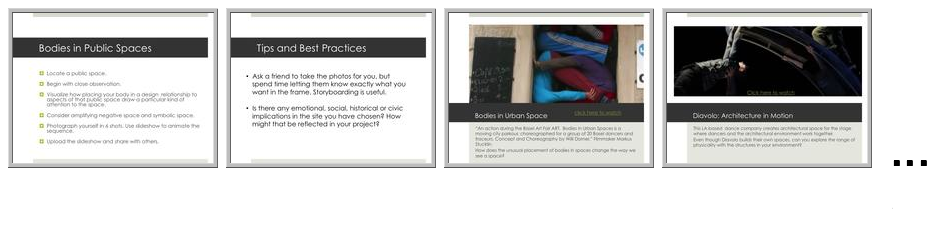 Screenshots from a Bodies in Public Spaces presentation