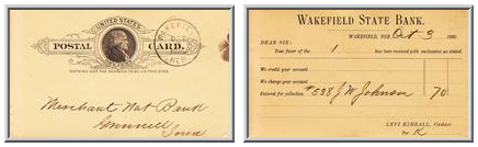 Postcard  from Wakefield State Bank to Merchants National Bank