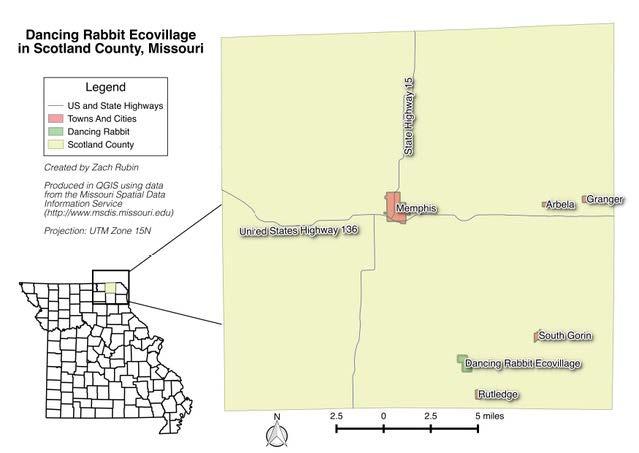 Figure 1: Dancing Rabbit Ecovillage location map in northeastern Missouri. Map by Zach Rubin