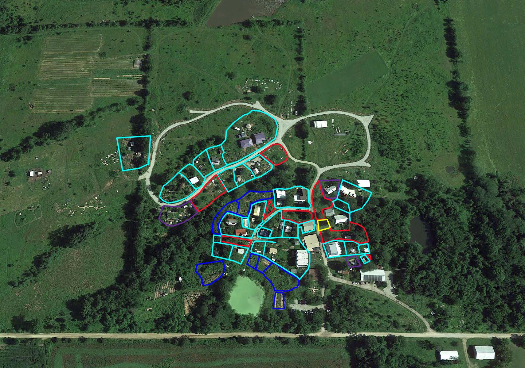 Figure 6: Satellite image from 2015 showing Dancing Rabbit’s current urban area. Currently occupied leaseholds are outlined in light blue and purple. Available residential leaseholds are outlined in red. Residential garden leaseholds are outlined in dark blue. Image by Emily Beahm with Google Earth imagery and based on an original version by Dancing Rabbit Ecovillage